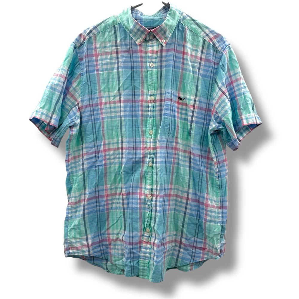 Vineyard Vines Classic Fit Tucker Short Sleeve Button Down Shirt Sz L Blue White